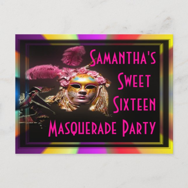 Masquerainbjudan sweet sixteen inbjudan vykort (Framsida)