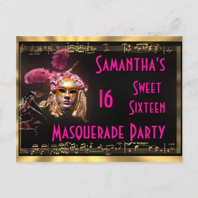 Masquerainbjudan sweet sixteen inbjudan vykort (Framsida)