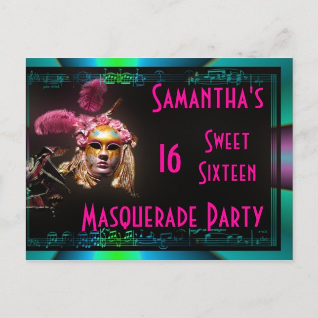 Masquerainbjudan sweet sixteen inbjudan vykort (Framsida)