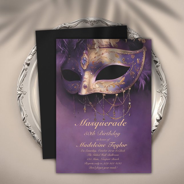 MasqueraLila Guld Venedig Mask 50:e födelsedagen Inbjudningar (masquerade 50th birthday party invitation glamorous antique gold purple venetian mask elegant modern)