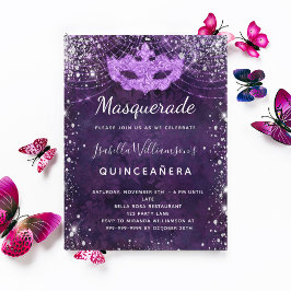 Masqueralila silver glitter stoft Quinceanera Inbjudan Vykort