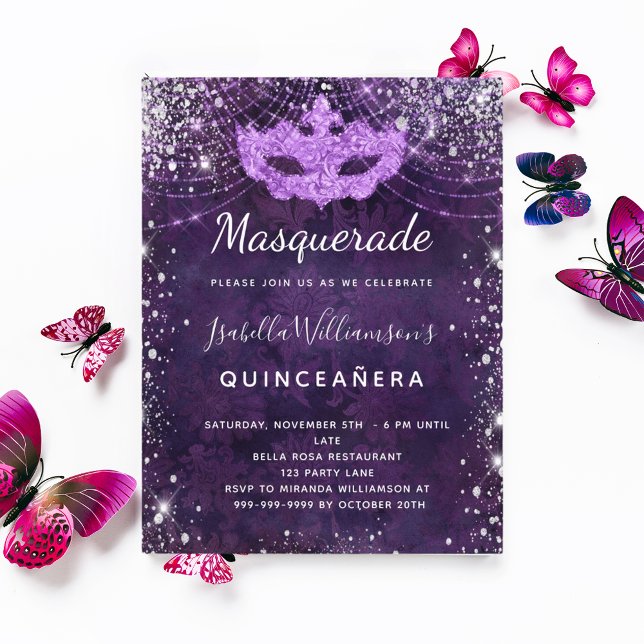 Masqueralila silver glitter stoft Quinceanera Inbjudan Vykort (Skapare uppladdad)