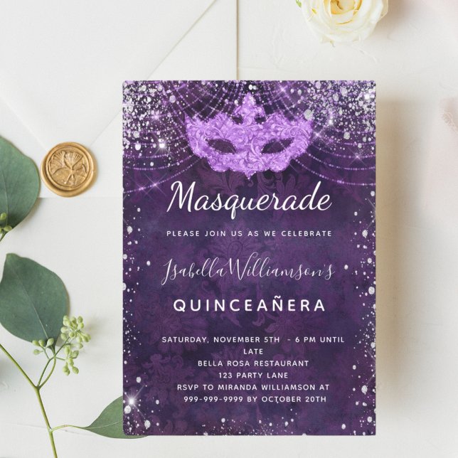 Masqueralila silver glitter stoft Quinceanera Inbjudningar (Skapare uppladdad)