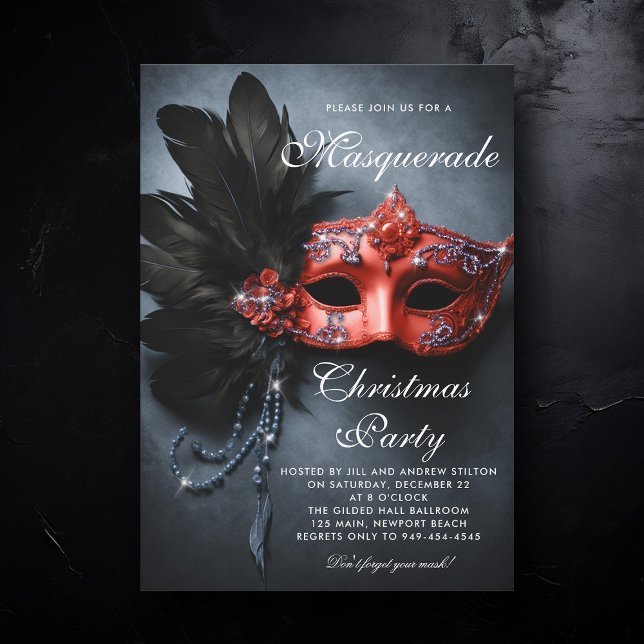 Masqueramarflottan Silver Red Moody jul Party Inbjudningar (masquerade christmas party invitation venetian mask red navy silver elegant ball painting artistic)