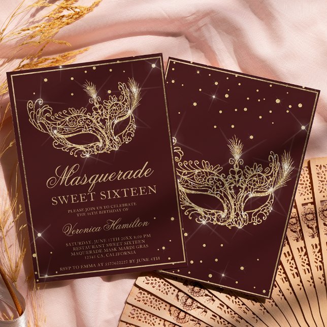 Masqueramask burgundy guld glitter Sweet 16 Inbjudningar (Skapare uppladdad)