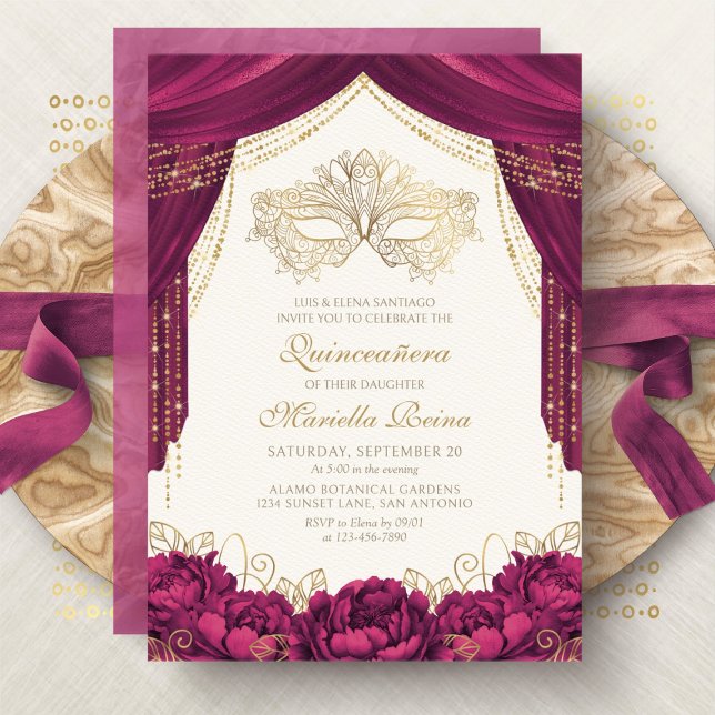Masqueramask Burgundy Modern Quinceanera Inbjudningar (Skapare uppladdad)