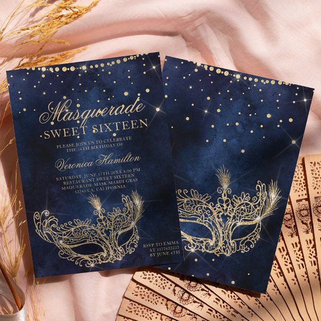 Masqueramask chic guld glitter gnistra Sweet 16 Inbjudningar (Skapare uppladdad)