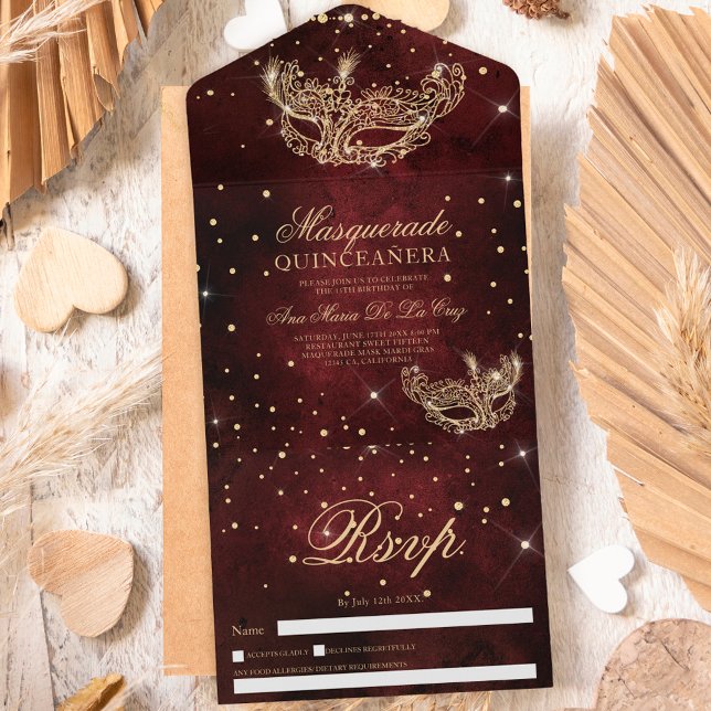 Masqueramask guld glitter quinceanera burgundy (Skapare uppladdad)
