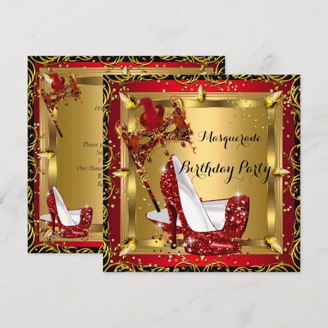 Masqueramask High Heel Shoe Red Birthday 3 Inbjudningar (Fram/baksida)