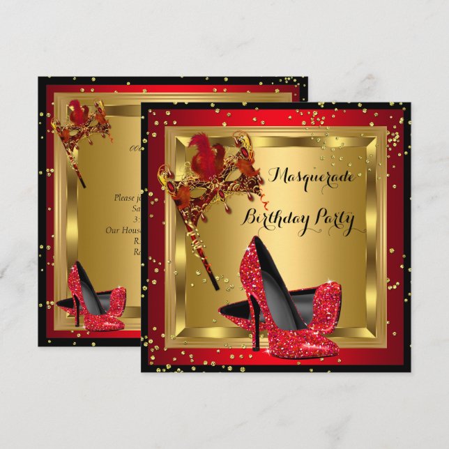 Masqueramask High Heel Shoe Red Birthday A Inbjudningar (Fram/baksida)