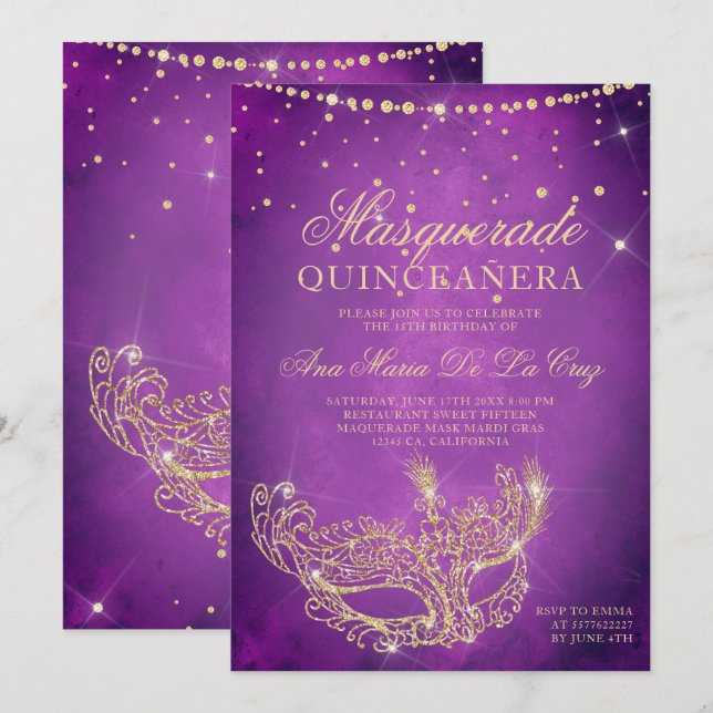 Masqueramask lilac guld glitter quinceanera inbjudningar (Fram/baksida)