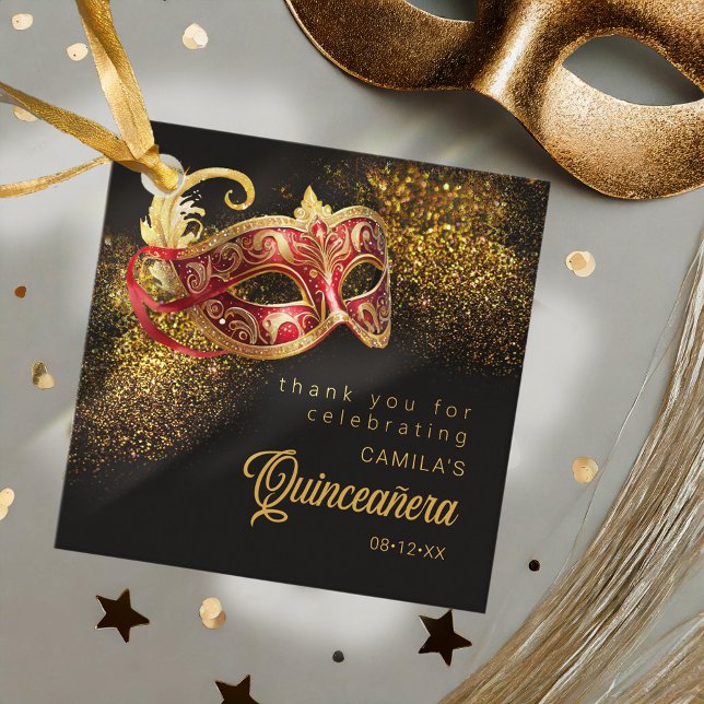 Masqueramask Quinceanera Red Guld ID1031 Gåvor Etiketter (Skapare uppladdad)