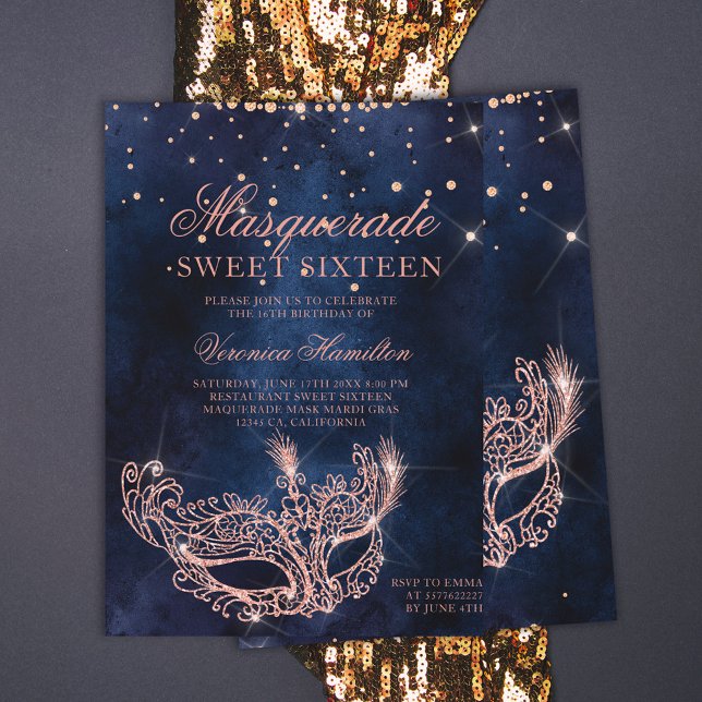 Masqueramask ro guld glitter gnistra Sweet 16 Inbjudningar (Skapare uppladdad)