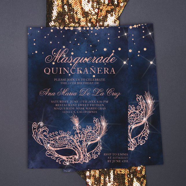 Masqueramask ro guld glitter quinceanera inbjudningar (Skapare uppladdad)
