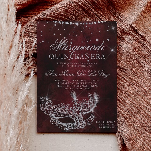 Masqueramask röd silver glitter quinceanera inbjudningar (Masquerade mask red silver glitter quinceanera invitation)