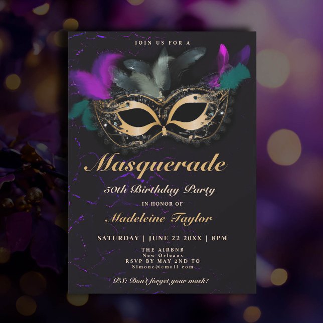 Masqueramask Rosa Guld Black 50:e födelsedagen Inbjudningar (50th birthday themes masquerade party venetian mask elegant classy watercolor invitation)