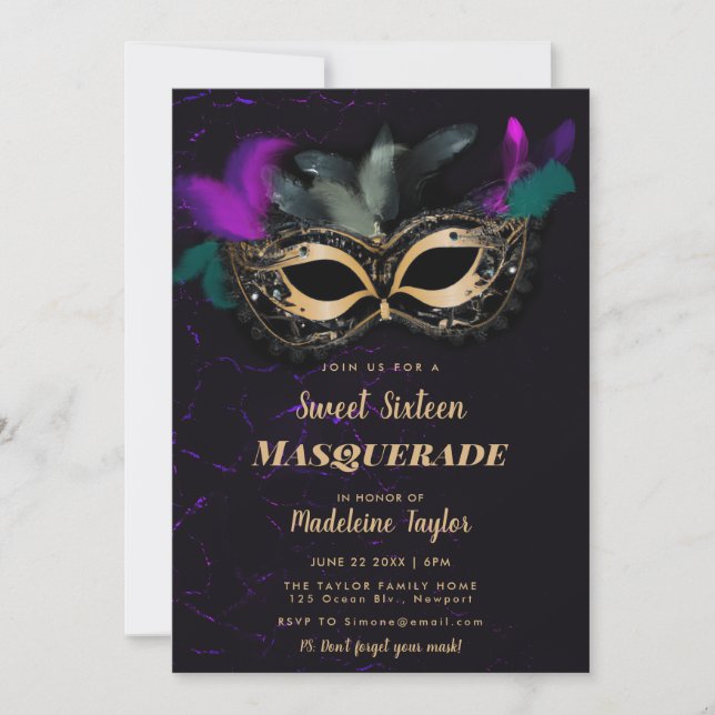 Masqueramask Shock rosa Guld Black Sweet 16 Party Inbjudningar (Framsida)