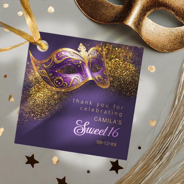 Masqueramask Sweet 16 Lila Guld ID1032 Gåvor Etiketter (Skapare uppladdad)