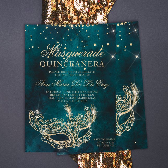 Masqueramask teal guld glitter quinceanera inbjudningar (Skapare uppladdad)