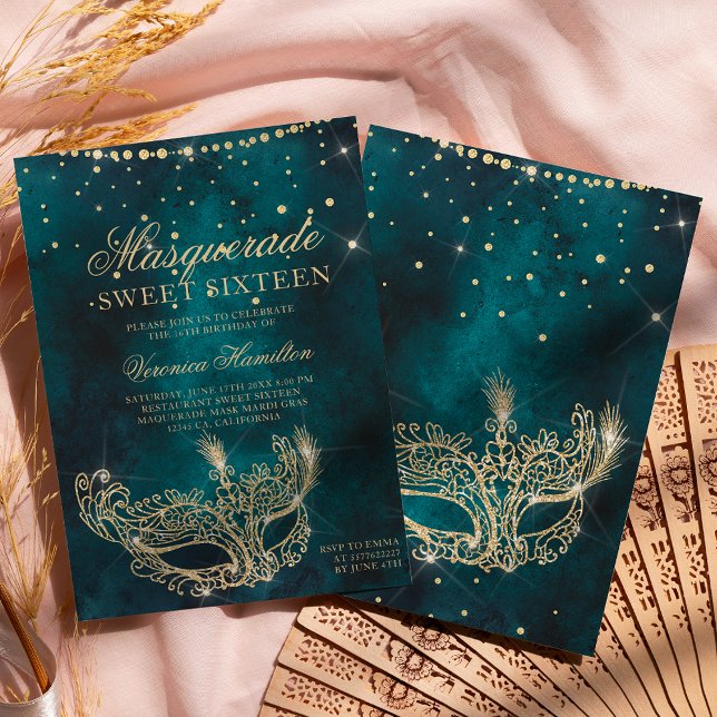 Masqueramask teal guld glitter Sweet 16 Inbjudningar (Skapare uppladdad)
