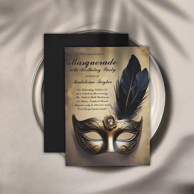 Masqueramasken Black Guld, 50:e födelsedagen Inbjudningar (masquerade 50th birthday party invitation dramatic gold black venetian mask elegant modern classy)