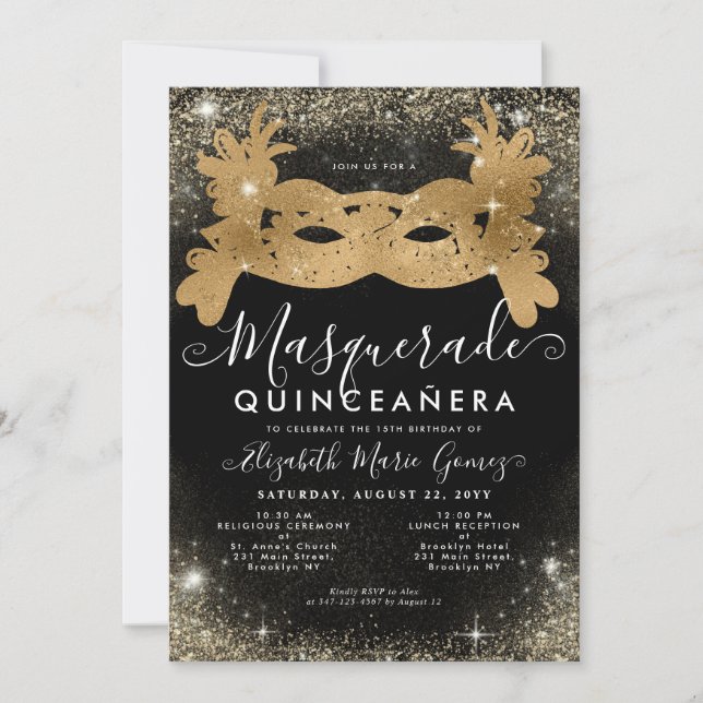 Masqueramasken Black Guld Glitter Quinceanera Inbjudningar (Framsida)