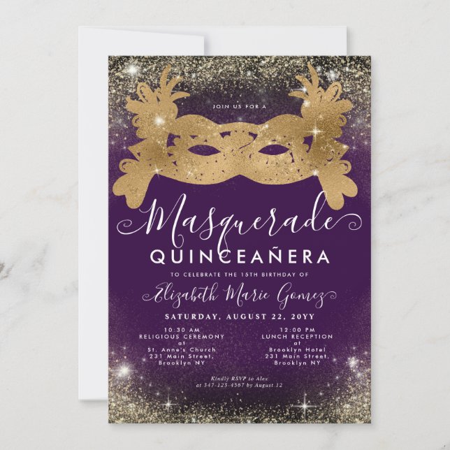 MasqueramaskLila Guld Glitter Quinceanera Inbjudningar (Framsida)