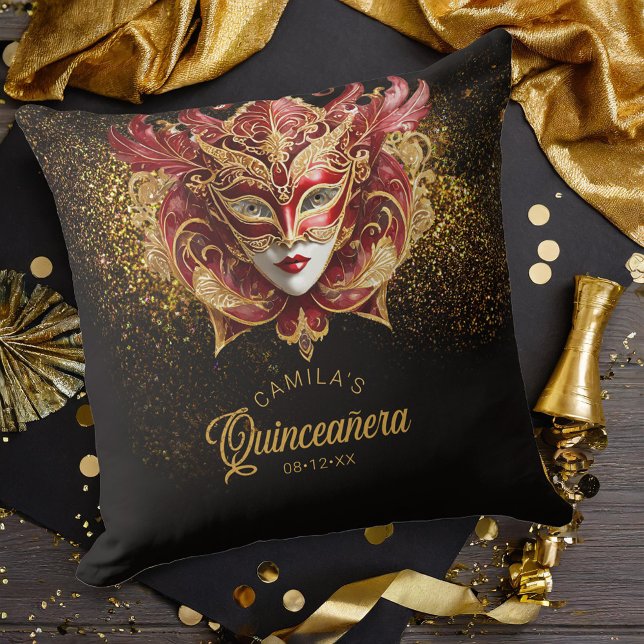 MasqueraMotif Quinceanera Red Guld V2 ID1031 Kudde (Skapare uppladdad)
