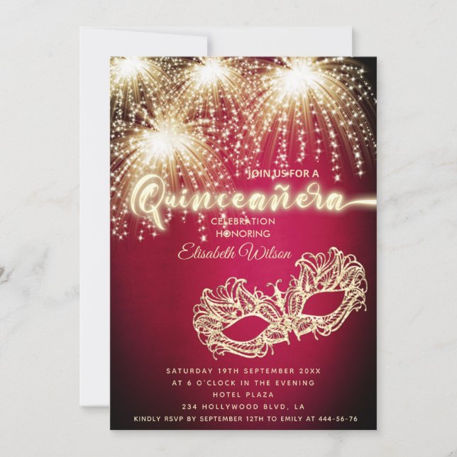Masqueramousserande fyrverkerilyxur Quinceañera Inbjudningar (Framsida)