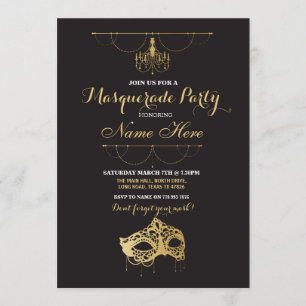 MasqueraParty Birthday Guld Mask Inbjudan