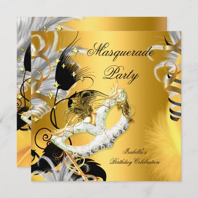 MasqueraParty Birthday Mask Black Guld Inbjudningar (Fram/baksida)
