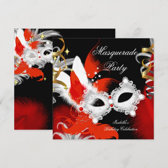 MasqueraParty Birthday Red Mask Black White 2 Inbjudningar (Fram/baksida)
