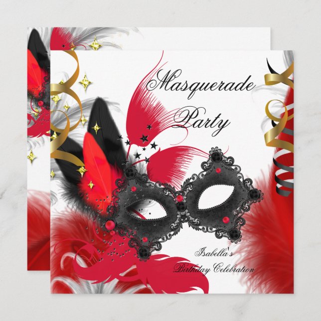 MasqueraParty Birthday Red Mask Black White Inbjudningar (Fram/baksida)