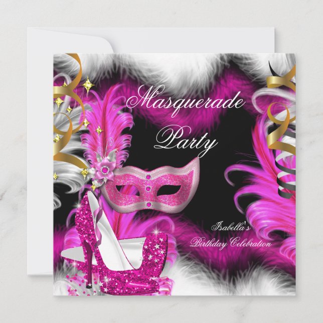 MasqueraParty Birthday Rosa Black White 2 Inbjudningar (Framsida)
