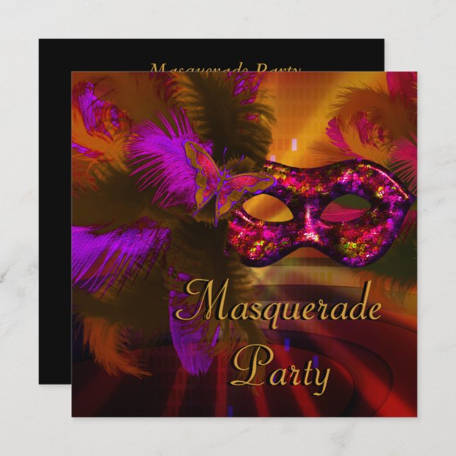 MasqueraParty Mask Black Lila Red Mardi Gras Inbjudningar (Fram/baksida)