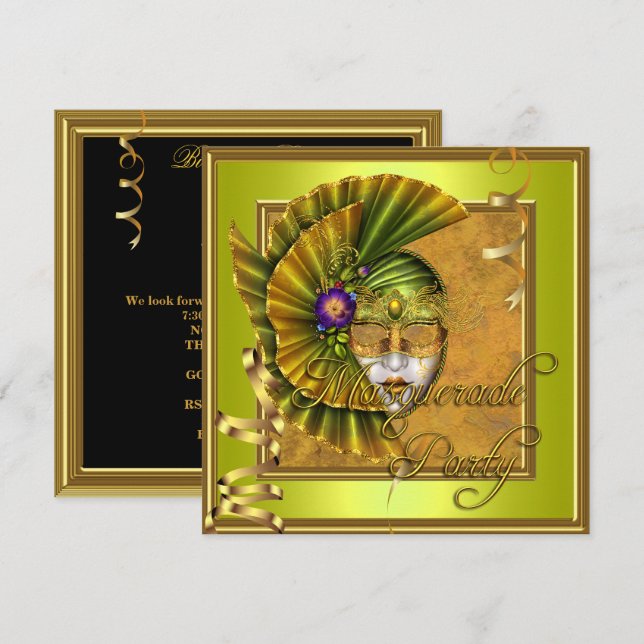 MasqueraParty Mask Guld Black Birthday Inbjudningar (Fram/baksida)
