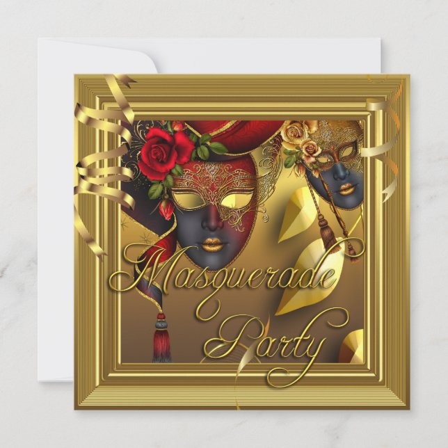 MasqueraParty Mask Guld Black Birthday Inbjudningar (Framsida)