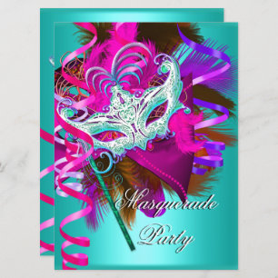 MasqueraParty Mask Teal Rosa Metallic Inbjudningar