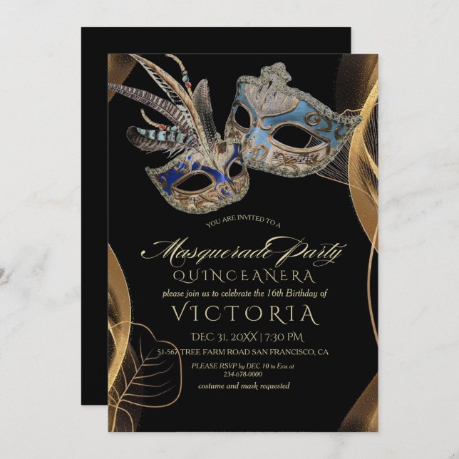 MasqueraParty Quinceañera Black & Guld Birthday Inbjudningar (Fram/baksida)