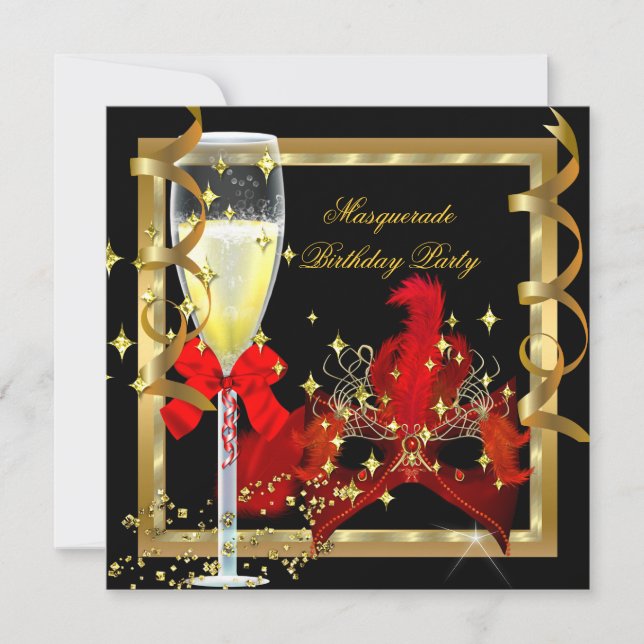 MasqueraParty Red Guld Mask Champagne Inbjudningar (Framsida)