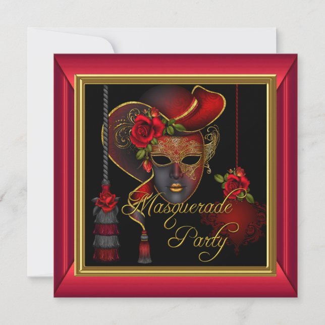 MasqueraParty Red Mask Guld Black Birthday Inbjudningar (Framsida)