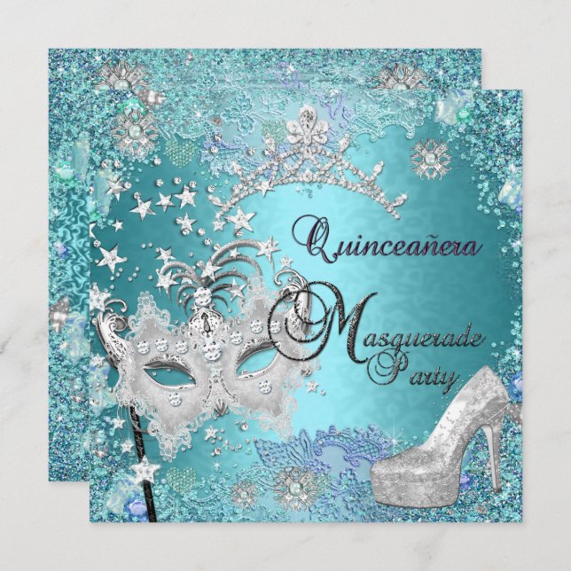 MasqueraQuinceanera 15:e Party Blue Tiara Shoe Inbjudningar (Fram/baksida)