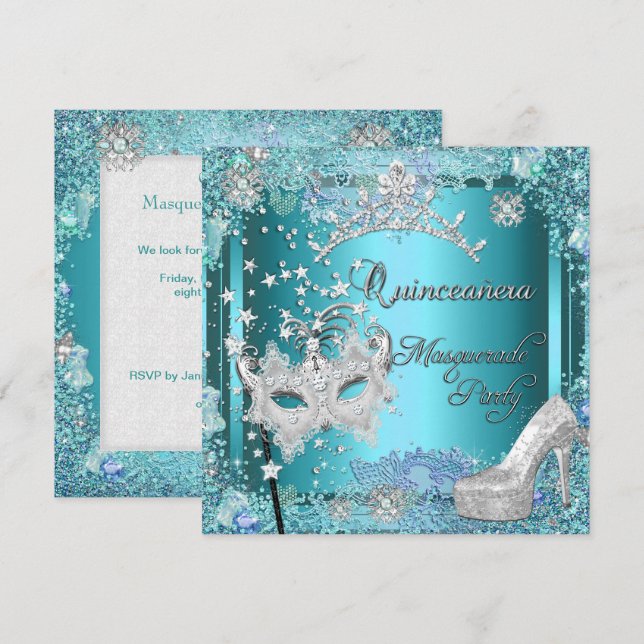 MasqueraQuinceanera 15:e Party Blue Tiara Shoe Inbjudningar (Fram/baksida)