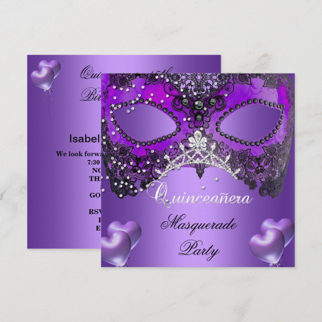 MasqueraQuinceanera 15 Lila Birthday Inbjudningar (Fram/baksida)
