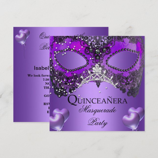 MasqueraQuinceanera 15 Lila Birthday Inbjudningar (Fram/baksida)