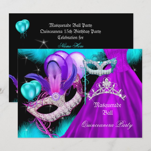MasqueraQuinceanera 15 Party Teal Lila Inbjudningar (Fram/baksida)