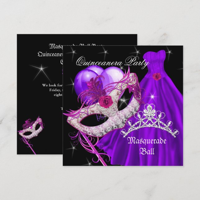 MasqueraQuinceanera Birthday Lila Inbjudningar (Fram/baksida)
