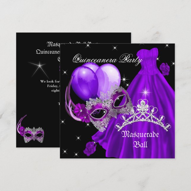 MasqueraQuinceanera Birthday Lila Ro Inbjudningar (Fram/baksida)