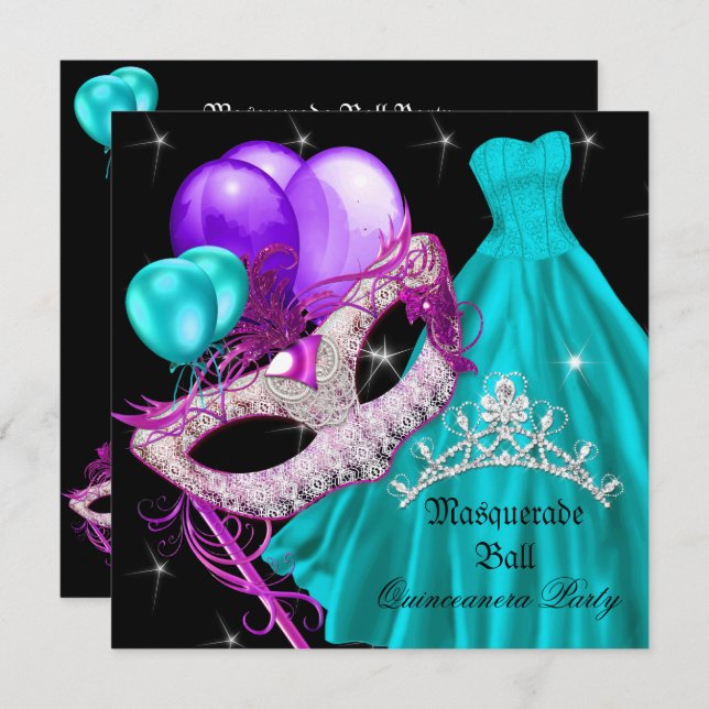 MasqueraQuinceanera Birthday Teal Lila Inbjudningar (Fram/baksida)
