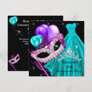 MasqueraQuinceanera Birthday Teal Lila Inbjudningar